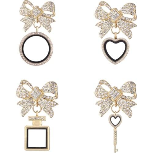 5pcs/lot Golden rhombus bownot Rhinestone Brooches with Glass Living Memory Lockets Fit Floating Charms Women jewelry Party Gift
