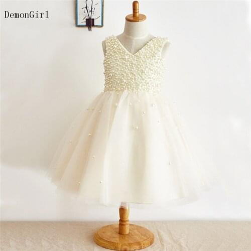 Ivory White Puffy Flower Girl Dresses Knee Length V Neck Full Pearls Princess Sleeveless Party Communion Birthday Dress