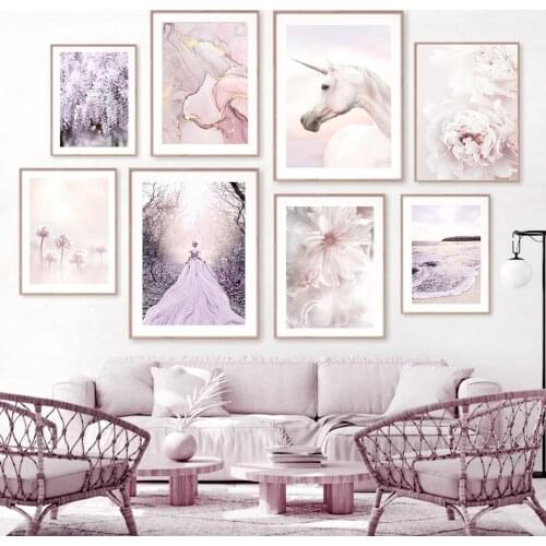 Purple Beach Flower Peony Princess Unicorn Nordic Posters And Prints Wall Art Canvas Painting Wall Picture For Living Room Decor