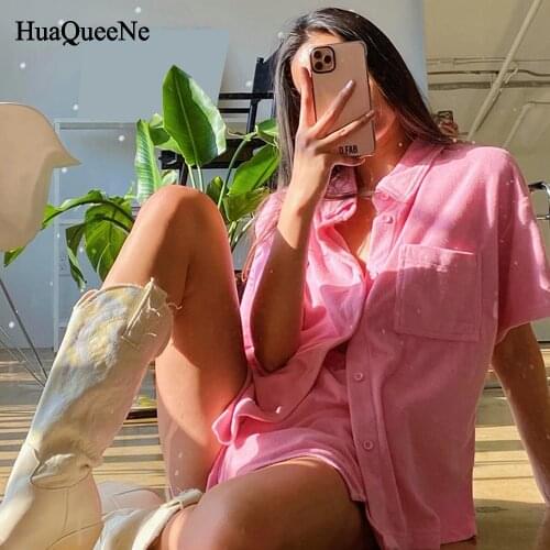 Flannel casual two-piece shirt top summer pocket pajamas womens sportswear womens pink suit