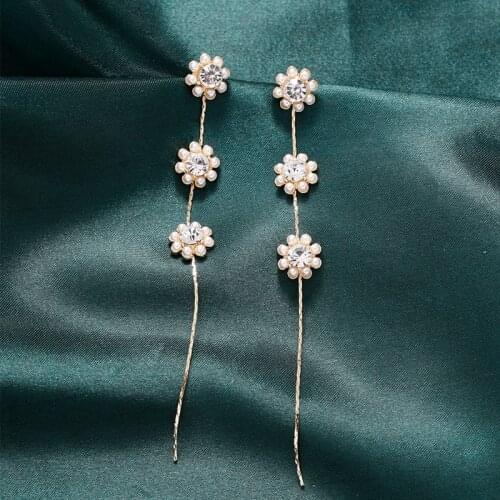 Korean Style 12 Cm Long Simulated Pearls Ear Clips Temperament Tassel Flower Pearls Pendant Earrings No Piercing for Women Lady