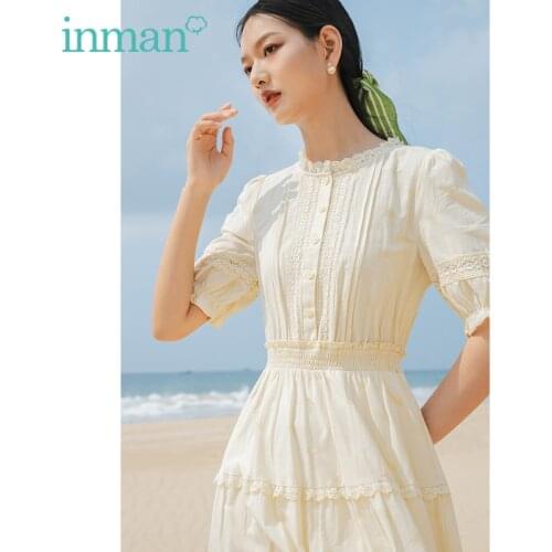 INMAN Summer Cute Womens Dress Elegant Holiday Lace Beach Jacquard Splicing Fold Layered Collected Waist A-Line One-Piece