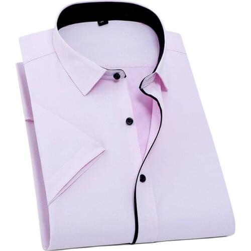 Summer New good quality short sleeve black button patchwork collar easy care twill men dress shirts without chest pocket