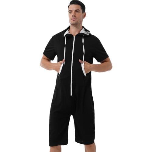 M-XXL Men Casual Homewear Zipper Hooded Jumpsuit Pajama One-piece Tracksuit Sleepwear Rompers Short Sleeve Playsuit with Pocket