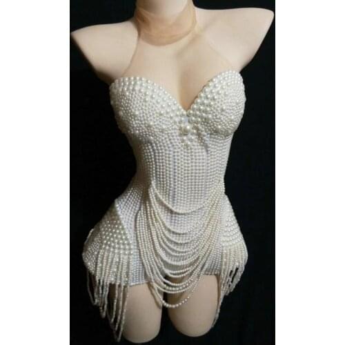 Fashion Women Halter Gauze Full Pearl Couplet Shorts Female Stretch Pole Dance Costumes Womens Sexy Nightclub Singer Junpsuits