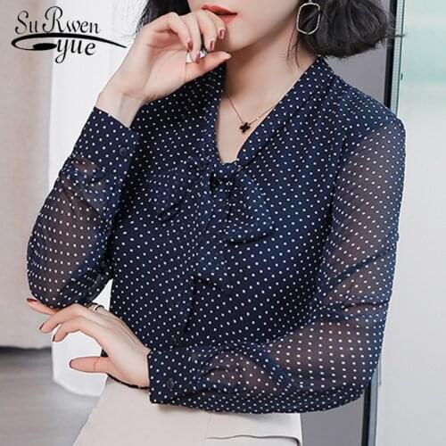 Fashion Women Tops and Blouses Ladies Tops Shirts Shirt Bow-neck Chiffon Blouse Shirts Dot Summer Clothing for Women 1864 50