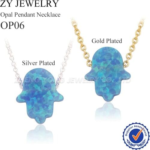 MOQ=1pc Free Shipping Gold Color, Silver Plated Necklace 11x13mm Light Blue Hamsa Fatima Hand Opal Necklace Jewelry for Women