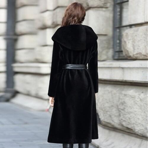 2020 New Wool Real Fur Coat For Women Winter Sheep Shearing Jackets And Coats Long Hooded PU Leather Lining Overcoat