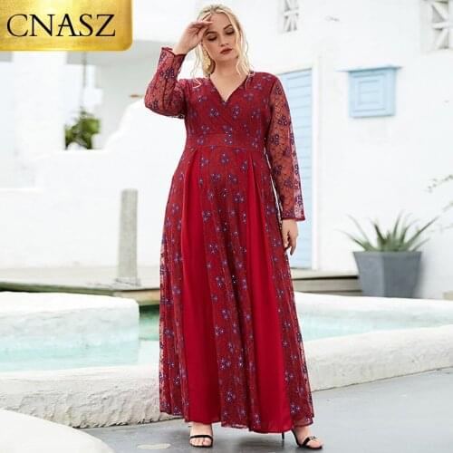 New Arrivals Dress For Women Large Size Womens Lace Hollow Long-Sleeved V-Neck Dress Fashion Red High-Waist Dress