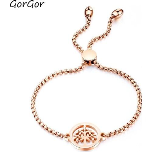 GorGor New Titanium Steel Plated Rose Gold Hollow Tree of Life Adjustable Drawable Bracelet for Elegant Women Jewelry 1025