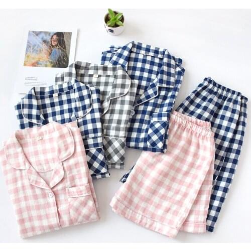 Unisex Adult Couple Pajamas Cotton Plaid Print Sleepwear Button Slim Pajamas Set Summer Women Home Clothes Short-Sleeve Pyjamas