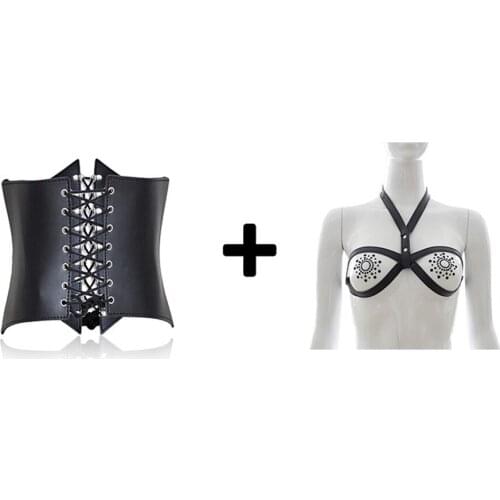 CamaTech Sexy Bondage Harness Fetish Corset Body Restraint + PU Leather Open Exposed Breast Bra Straps BDSM Adult Game For Women