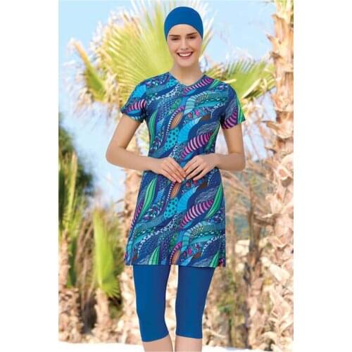 Patterned Half Off Hijab Swimwear 3211-20 - K. Navy blue Turkish' Muslim Swimsuit Burkinis Modest Clothing Islamic Long Sleeves Hi