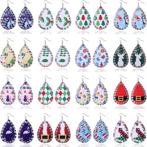 Christmas Style Drop Shape Rhinestone Artificial Leather Earrings Jewelry Gifts Womem Girls Valentines Day Gifts