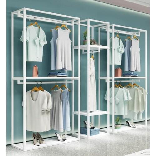 Clothing store display rack simple white shelf womens clothing store double hangers store display clothes shelves