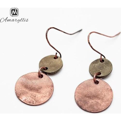 Amaiyllis Vintage layer Round Coin Pendant Dangle Earrings For Women Ethnic 2 Tone Color Geo Disc Statement Drop Earrings Brinco