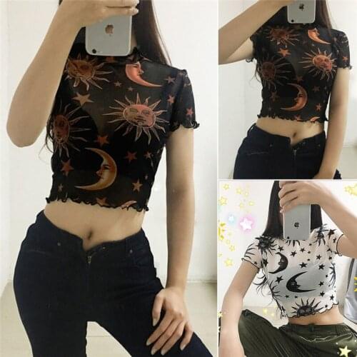 Angel Mesh Printed T-shirt Women Ladies Tops Short Sleeve Shirts Summer Casual Woman See Through T-shirt Transparent T-shirt