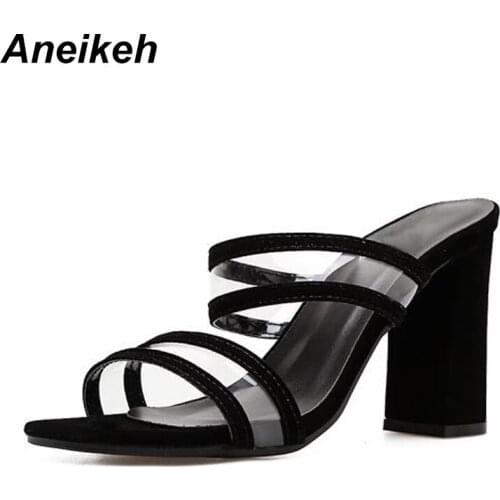 Aneikeh Summer Concsie Sandals Women Open Toe PVC Clear Transparent High Heel Block Heels Mules Slides Shoes Flip Flop Size 4-9