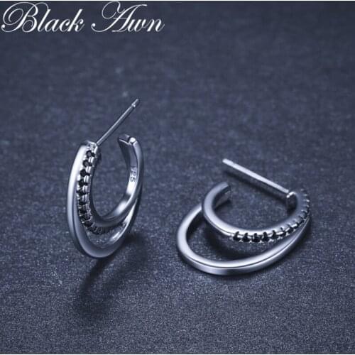 Simple 100% Genuine 925 Sterling Silver Jewelry Black Spinel Stone Star Cute Party Stud Earrings for Women Bijoux Femme I134