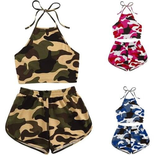 Women Summer 2 Piece Outfits Halter Sleeveless Crop Cami Top with Shorts Colored Camouflage Print Streetwear Tracksuit