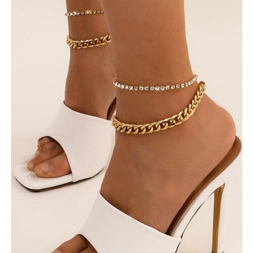 2021 Beach Crystal Anklet for Women Gold Silver Color Cuban Chain Boho Ankle Bracelet on Leg Foot Bracelets Bohemian Jewelry