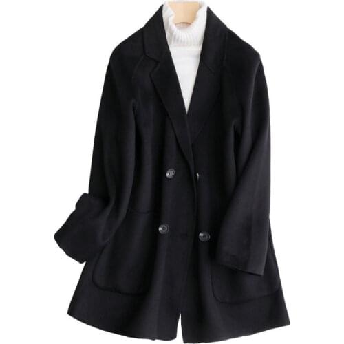 Women Gray Black Autumn Woolen Coat Casaco Feminino Women Midi Length Coat Turn Down Collar Drouble Button Design 100% Wool