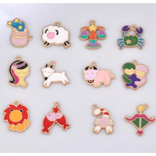 12pcs Japan Korean Fashion Enamel zodiac charms 12 constellation, metal zodiac pendants dangle for earrings jewelry making diy