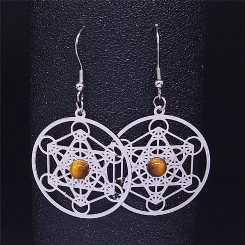 2021 Yoga Flower of Life Stainless Steel Natural Stone Earring Women Silver Color Rorund Drop Earrings Jewelry brincos EXS04