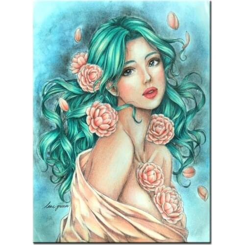 5D DIY Diamond Painting Green hair Woman Cross Stitch Full Diamond Embroidery Mosaic Picture Rhinestone Pretty Sexy Rose A2293