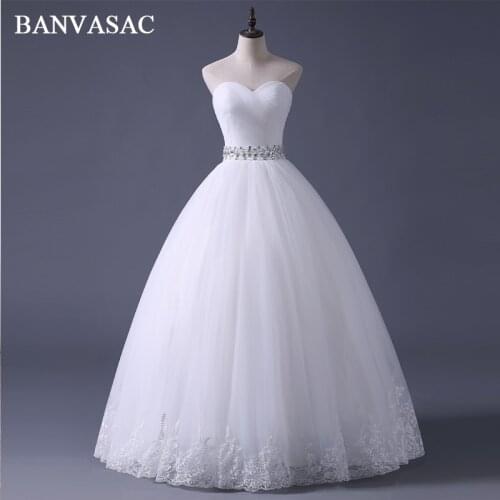 BANVASAC 2018 Pleat Strapless Lace Embroidery Ball Gown Wedding Dresses Real Photos Crystal Sash Backless Bridal Gowns