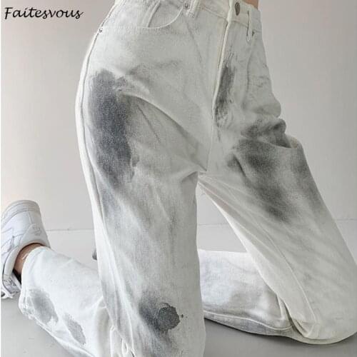 White Tie-dye Y2K Jeans Women Retro High Waist Loose Straight Pants Casual Mopping Wide-Leg Trousers