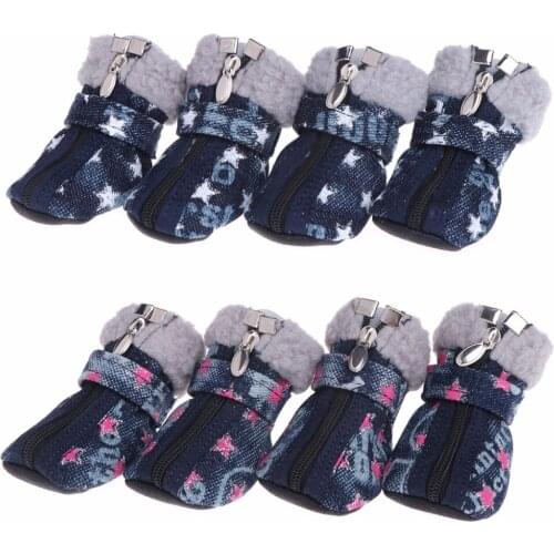 4Pcs Pet Shoes Dogs Puppy Cat Boots Denim Warm Autumn Winter Snow Boot Lovely Star Pattern Anti Slip Zipper Casual 5-Size C42