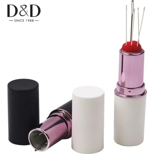 Lipstick Needles Pin Cushion with 5 Sewing Needles Rotatable Needle Holder Needlework Cross Stitch Accessories Sewing Tool