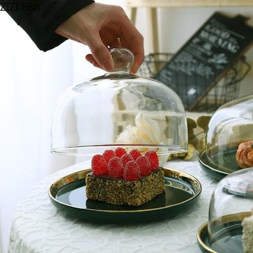 Ceramics Round Cake Pan Glass Cover Dessert Snack Tray Fruit Dessert Display Tray Photo Props Try Eating Cake Stand with Lid