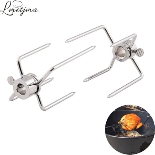 LMETJMA 2pcs/set Rotisserie BBQ Forks Stainless Steel Spit BBQ Forks Charcoal Chicken Grill Rotisserie Meat Fork BBQ Tool KC0149