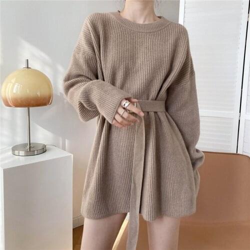 LMQ NEW Women Chic O Neck Slim Waist Knit With Belt Sweater Mini Skirt Pullover Solid Color Tops Winter Office Lady Casual Femme