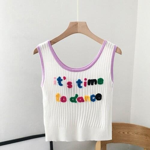 Knitted tank vest women summer clothes sling design letter print contrast color crop top casual sleeveless sexy top vest female
