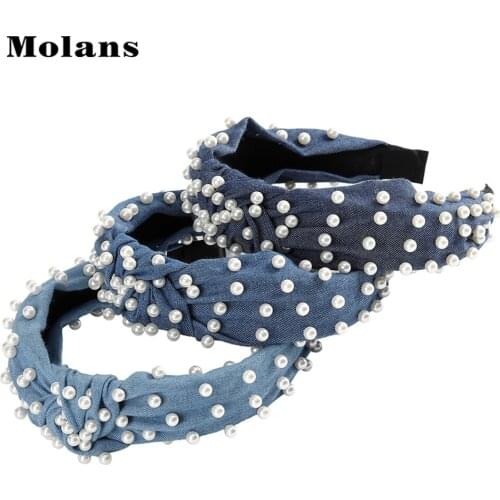 Molans Denim Nail Imitation Pearl Hair Band Blue Durable Fabric Girl Hair Accessory Inlaid Pearl Headband For Lady 2020 New