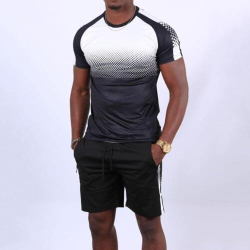 2021 Summer New Casual Two Piece Men Tracksuit Gradient Print Drawstring Short Sleeve Round Neck T-shirt Plus Size Shorts Set