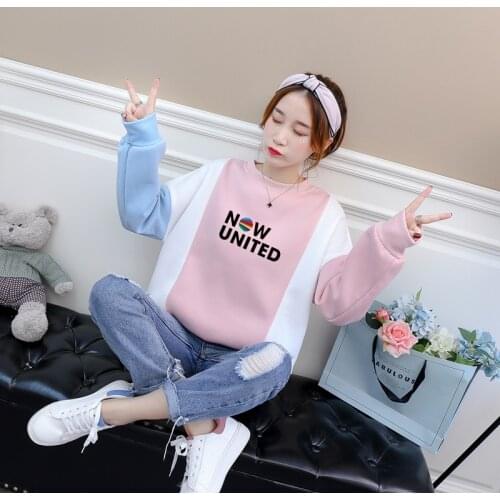 Autumn Winter Fleece Hoodies Women Harajuku Funny NOW UNITED Letter Print Sweatshirt Casual Colorblock Patchwork O-neck Clothing