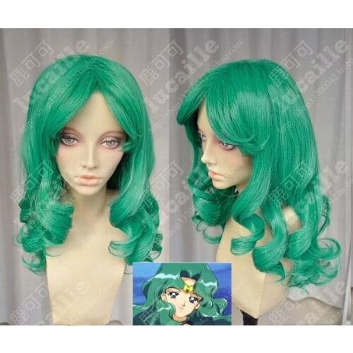 Anime Sailor Moon Kaiou Michiru Cosplay Wigs 60cm Long Green Curly Heat Resistant Synthetic Hair Wig + Wig Cap