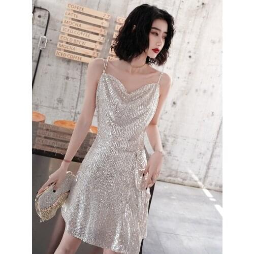Spaghetti Strap Simple Sleeveless Mini A-Line silver Sexy Hot Woman Party Elegant Sequin Cocktail Dresses Vestido De Festa