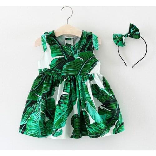 Lovely Toddler Baby Girls Leaves Print Dress Straps Party Bow headband Beach Dress Sundress kids clothes