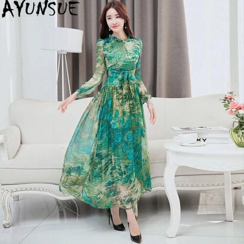 AYUNSUE 100% Real Silk Dress Women Spring Summer Floral Boho Dress Elegant Maxi Long Dresses Party Vestidos Mujer ZS18A KJ4374
