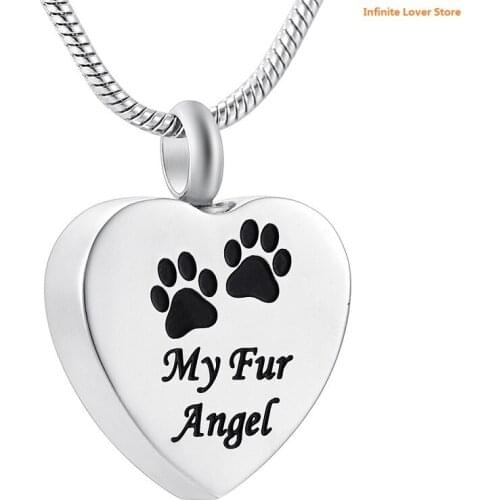 KLH9095-9 Engraved"My Fur Angel,Double Paw"Cremation Heart Pendant for Dog/Cat Ashes Holder-Memorial Jewelry for Pet Loss