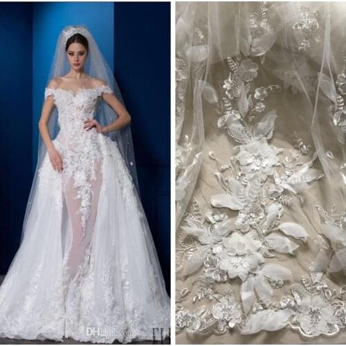 Hot popular black/off whit chiffon 3d flower with sequins on tulle lace fabric stage performance/evening dress lace fabric 1yard