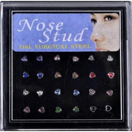 24Piece Free Display Box Silver 316L Stainless Steel 20G Straight Barbell Nostril Crystal Heart Nose Ring Body Piercing Jewelry