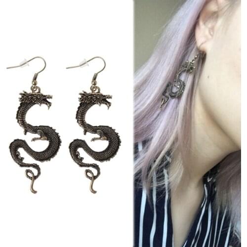 Vintage Bronze Firery Dragon Hook Earrings Dragon Totem Hovering Thrones Earrings Animal Dragon Drop Earrings Jewelry