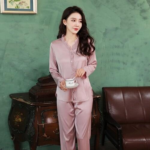 2021 Summer Womens Pink Satin Lace Pajamas Set Fashion Suit Long Sleeve Sleepwear Leisure Home Clothes Nightwear