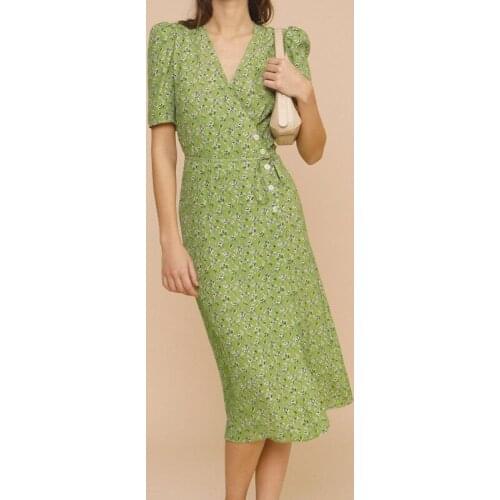 Women V-Neck Wrap Midi Dress 2021 Spring New Floral Print Puff Sleeve Side Buttons Lace-Up Waist Dresses Ladies Holiday Robe